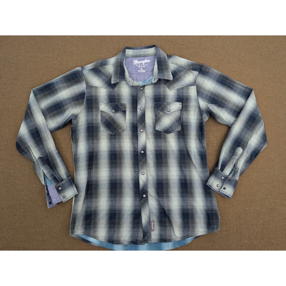 Wrangler Retro Wester Men Long Sleeve Olive Green Plaid Pearl Snap Shirt Size XL